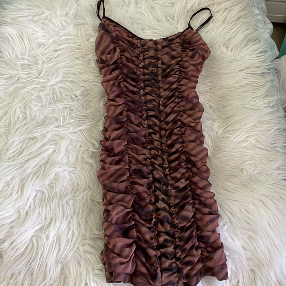 Urban Outfitters Brown and Tan Ruffle Mesh Bodycon Dress